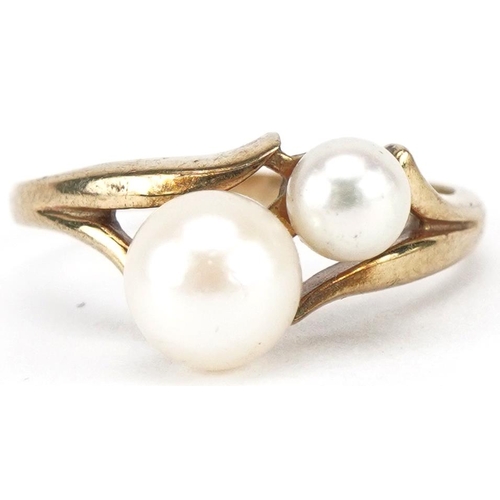 3431 - 9ct gold cultured pearl ring, size K, 2.1g