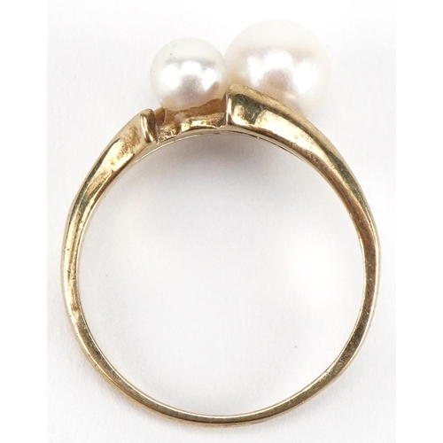 3431 - 9ct gold cultured pearl ring, size K, 2.1g