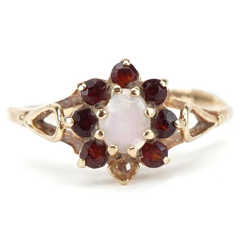 3438 - 9ct gold opal and garnet cluster ring, size O, 1.4g