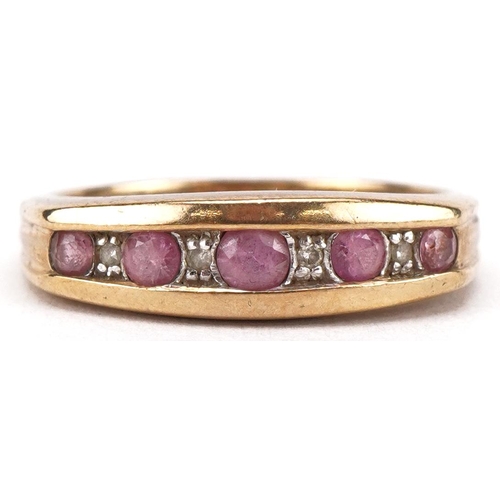 3336 - 9ct gold ruby and diamond half eternity ring, size N, 2.9g