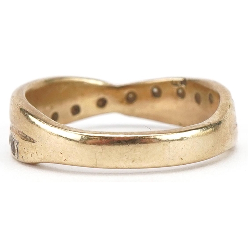 3494 - Unmarked gold clear stone crossover half eternity ring, tests as 9ct gold, size N, 3.5g