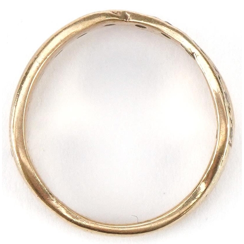 3494 - Unmarked gold clear stone crossover half eternity ring, tests as 9ct gold, size N, 3.5g