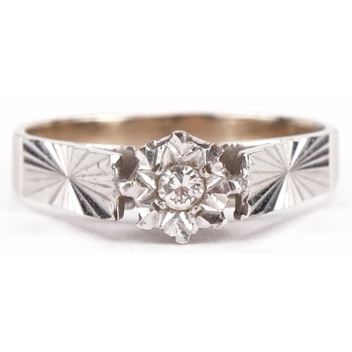 3338 - 18ct white gold diamond solitaire ring with engine turned shoulders, the diamond approximately 2.50m... 