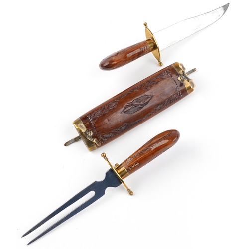 2393 - Indian table carving knife and fork with hardwood case carved with foliage, 35.5cm wide