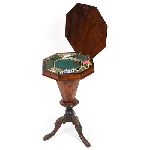 2043 - Victorian inlaid walnut octagonal trumpet work games table with parquetry and marquetry inlaid top a... 