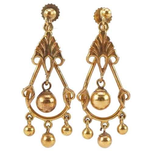 3081 - Pair of Victorian style unmarked gold drop earrings, tests as 9ct gold, 3.6cm high, 4.7g