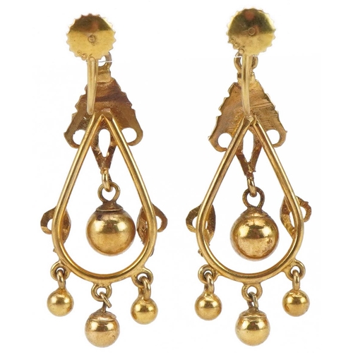 3081 - Pair of Victorian style unmarked gold drop earrings, tests as 9ct gold, 3.6cm high, 4.7g