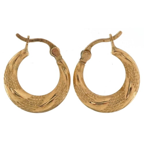 3563 - Pair of 9ct gold embossed hoop earrings, 1.6cm high, 0.8g