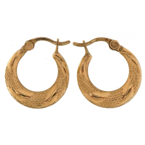 3563 - Pair of 9ct gold embossed hoop earrings, 1.6cm high, 0.8g