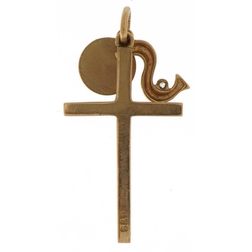 3473 - 9ct gold cross, St Christopher and initial S pendant, 3cm high, 2.7g