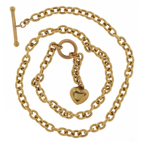 3083 - 9ct gold watch chain with T bar and love heart fob, 50cm in length, 15.4g