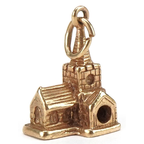 3085 - 9ct gold church charm, 2cm high, 5.8g