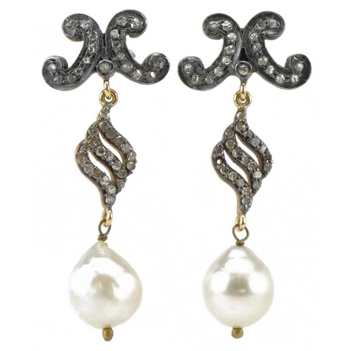 3003 - Pair of antique unmarked gold diamond and Baroque pearl drop earrings, tests as 18ct gold, 3.7cm hig... 