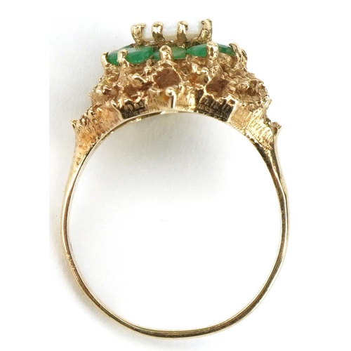 3095 - 9ct gold cabochon opal and emerald four tier cluster ring with pierced setting, size Q, 4.4g