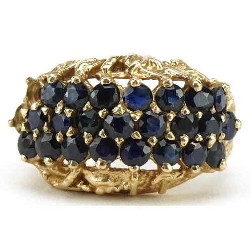 3429 - 9ct gold sapphire three row cluster ring with naturalistic setting, size L, 7.4g