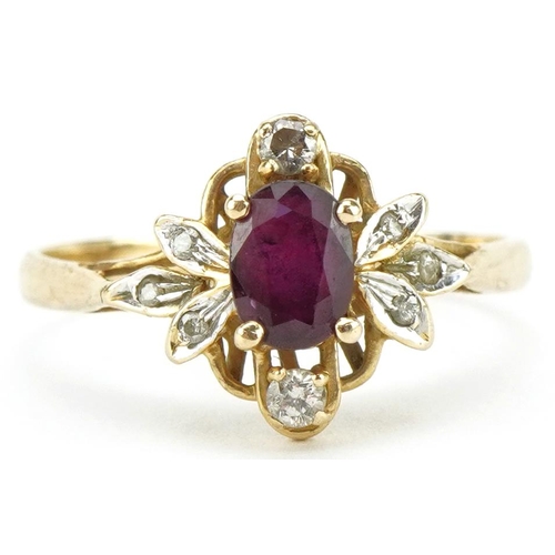 3354 - 14ct gold ruby and diamond floral ring, size O, 2.2g