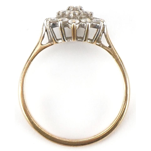 3090 - 9ct gold clear stone three tier cluster ring, size P, 2.3g