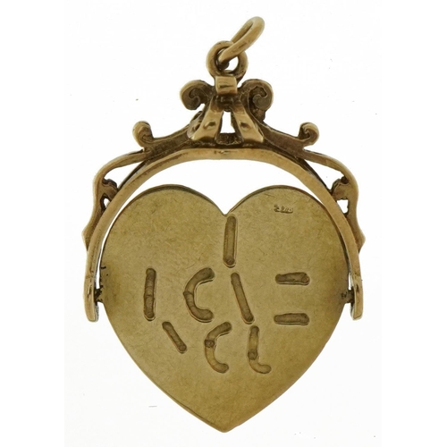 3360 - 9ct gold I love you love heart spinner fob, 2.8cm high, 3.0g