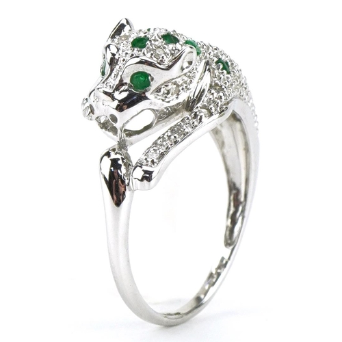 3350 - 9ct white gold diamond and emerald leopard ring, size N, 3.9g