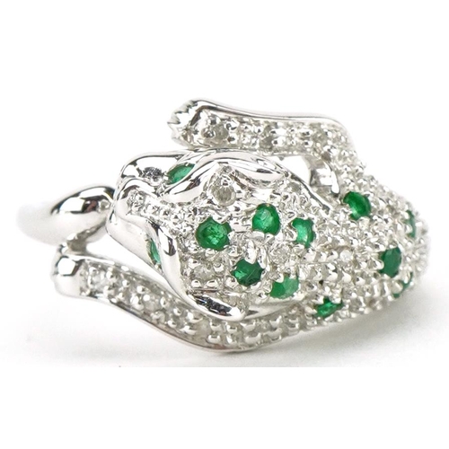 3350 - 9ct white gold diamond and emerald leopard ring, size N, 3.9g