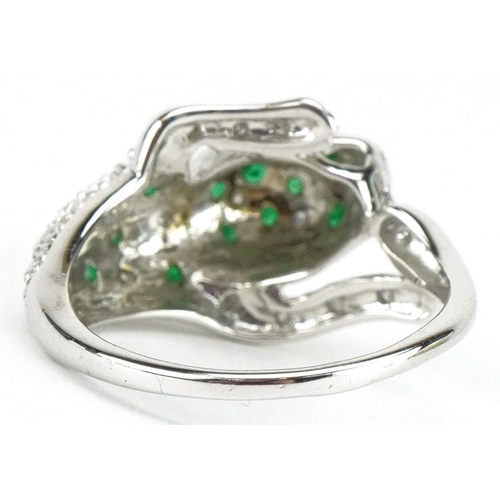 3350 - 9ct white gold diamond and emerald leopard ring, size N, 3.9g