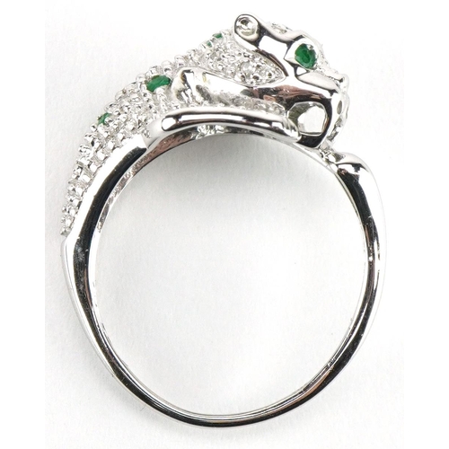 3350 - 9ct white gold diamond and emerald leopard ring, size N, 3.9g