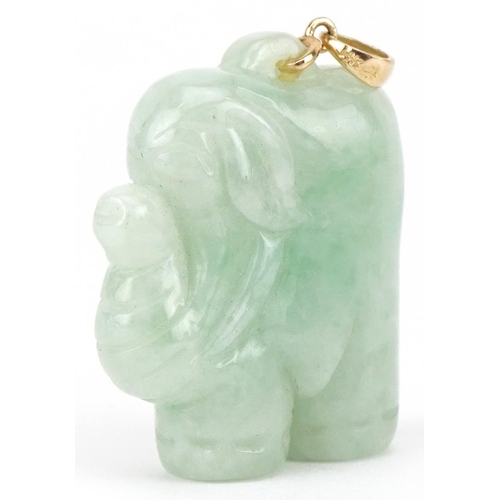 3353 - Chinese carved green jade elephant pendant with 14ct gold suspension loop, 3.7cm high, 15.6g