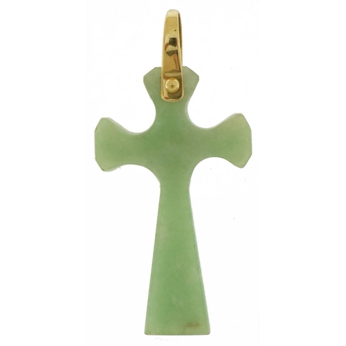 3478 - Chinese green jade cross pendant with 14ct gold suspension loop, 4.3cm high, 4.6g