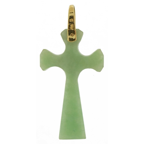 3478 - Chinese green jade cross pendant with 14ct gold suspension loop, 4.3cm high, 4.6g