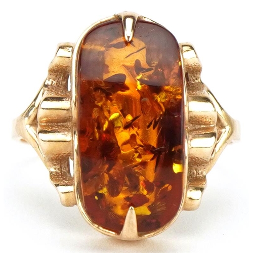 3145 - Russian 14ct gold natural amber ring with ornate pierced setting, size M, 3.7g