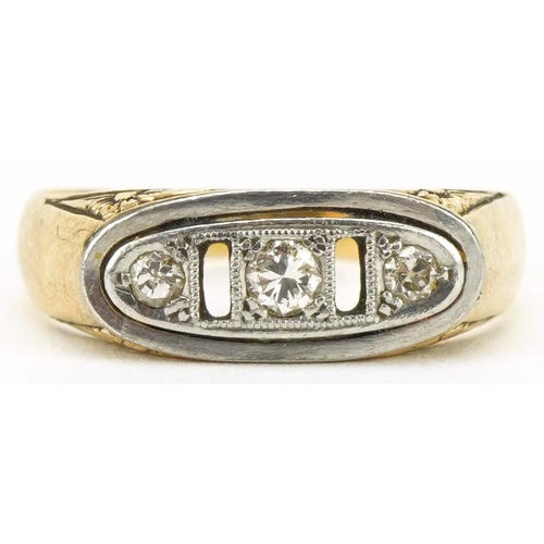 3017 - Art Deco unmarked gold diamond three stone ring with engraved shoulders, tests as 18ct gold, size P,... 