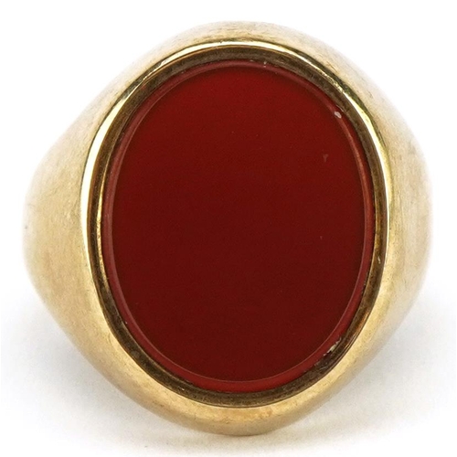 3015 - 9ct gold carnelian signet ring, size Q, 9.6g