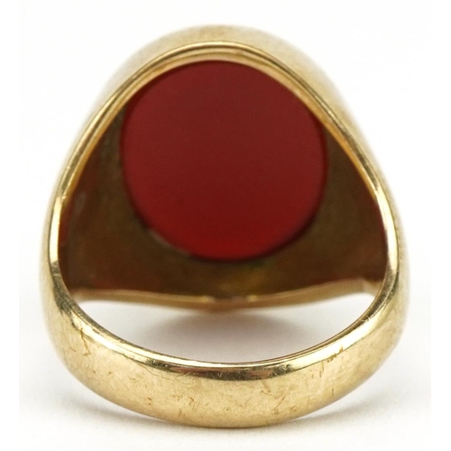 3015 - 9ct gold carnelian signet ring, size Q, 9.6g