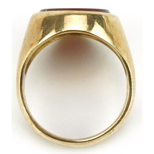 3015 - 9ct gold carnelian signet ring, size Q, 9.6g