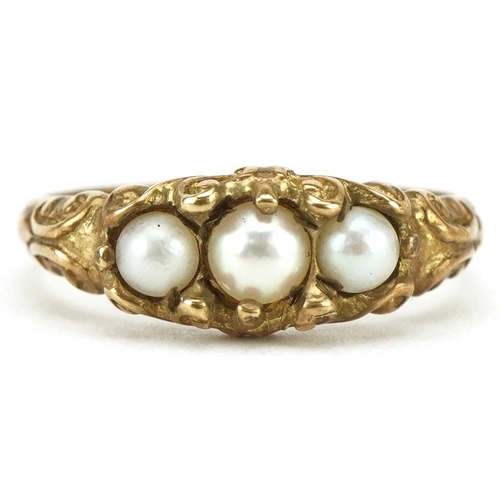 3516 - 9ct gold cultured pearl ring with ornate setting, size K/L, 2.2g