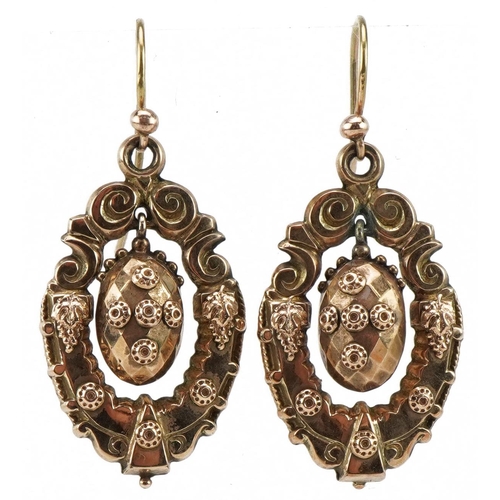 3179 - Pair of Victorian unmarked gold drop earrings embossed with grapes and vines, tests as 9ct gold, 4cm... 