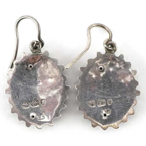 3715 - Pair of Victorian Aesthetic silver drop earrings engraved with flowers, indistinct Birmingham hallma... 