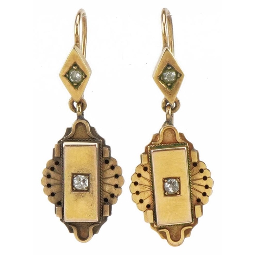 3065 - Pair of Victorian unmarked gold diamond drop earrings, tests as 9ct gold, each diamond approximately... 