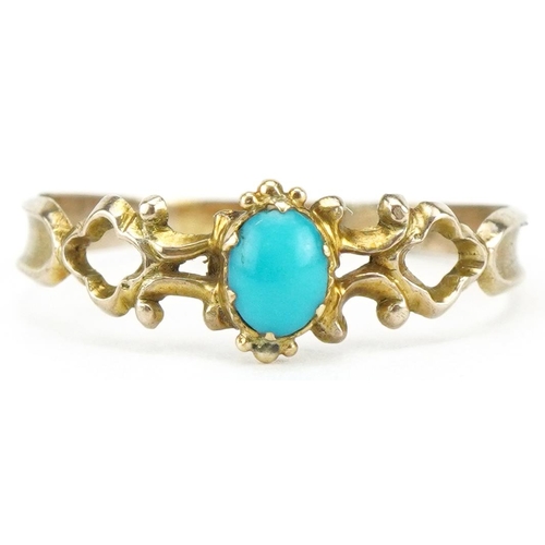 3414 - Early 19th century unmarked gold cabochon turquoise ring, tests as 9ct gold, size M, 0.7g