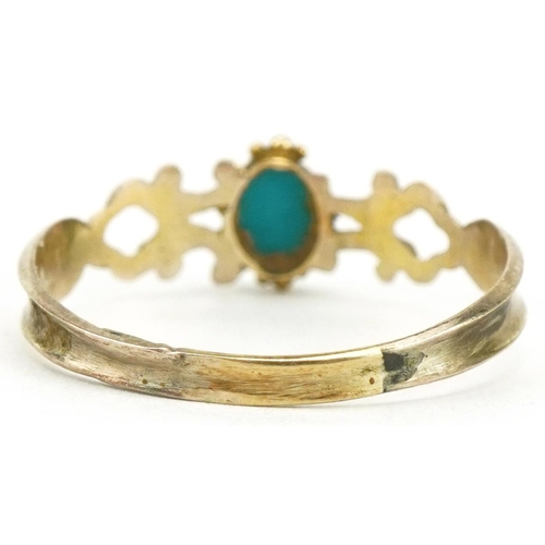 3414 - Early 19th century unmarked gold cabochon turquoise ring, tests as 9ct gold, size M, 0.7g