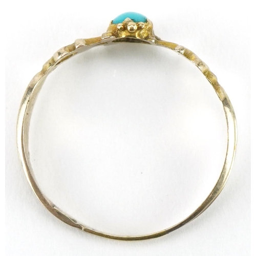 3414 - Early 19th century unmarked gold cabochon turquoise ring, tests as 9ct gold, size M, 0.7g