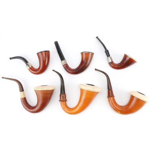 1257 - Six vintage Meerschaum Calabash tobacco smoking pipes, two with silver mounts, the largest 14cm high