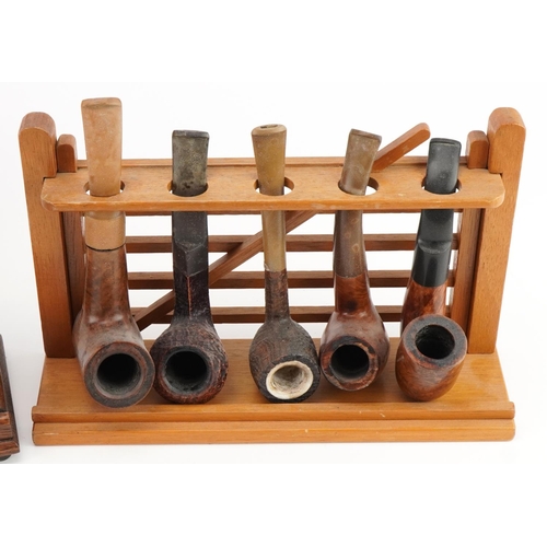 1300 - Twenty one vintage briar tobacco smoking pipes arranged in four pipe racks including an oak ship's w... 