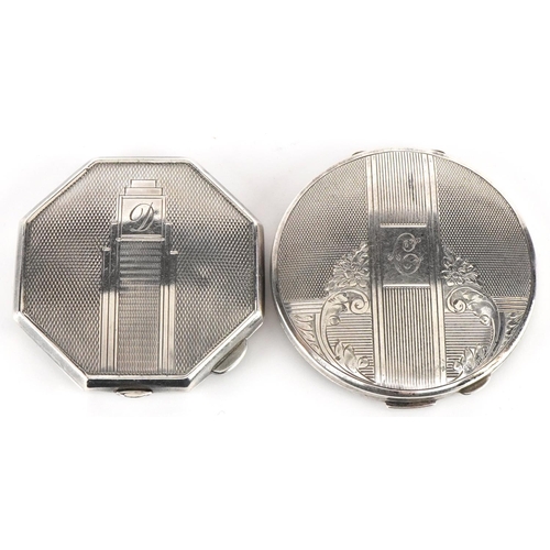 128 - Two Art Deco style silver engine turned compacts, the largest 6.8cm in diameter, total 152.0g