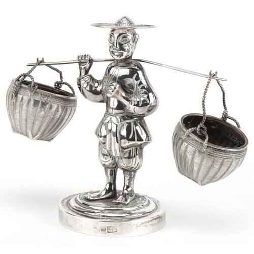 73 - Wang Hing, Chinese export silver cruet in the form of a Chinaman carrying baskets, 10.5cm high, 137.... 