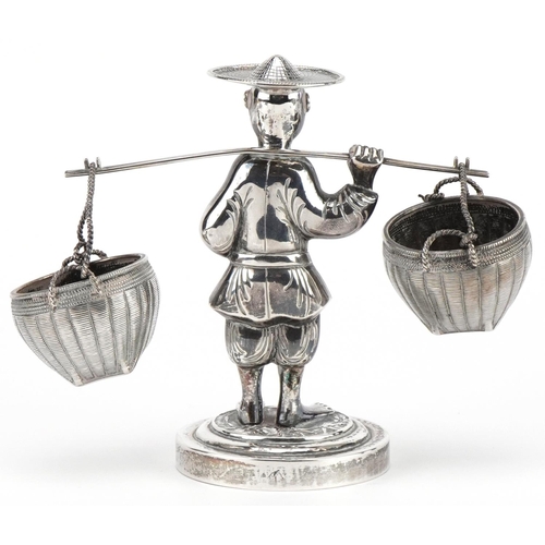 73 - Wang Hing, Chinese export silver cruet in the form of a Chinaman carrying baskets, 10.5cm high, 137.... 