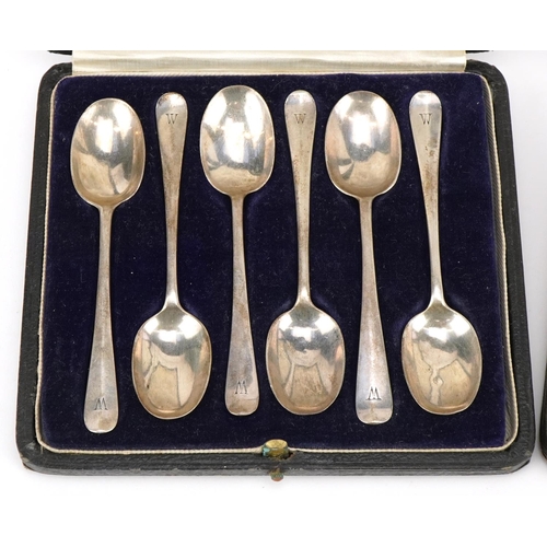 499 - Two sets of six silver teaspoons with velvet and silk lined fitted cases, the largest 11.5cm in leng... 