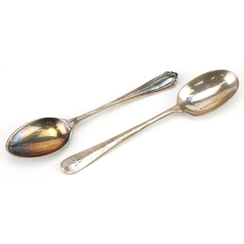 499 - Two sets of six silver teaspoons with velvet and silk lined fitted cases, the largest 11.5cm in leng... 