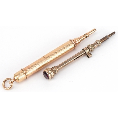 713 - Two Victorian gold plated propelling pencils, the largest 6cm in length extended, total weight 8.0g