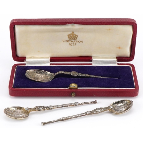 633 - Three Edwardian and later silver anointing spoons including Coronation 1937 example with fitted case... 